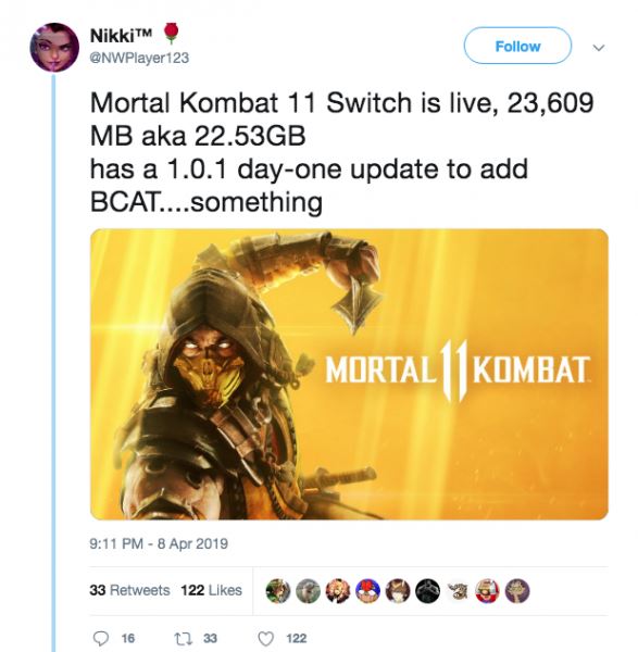 Mortal Kombat 11 займет 23 гигабайта на Switch